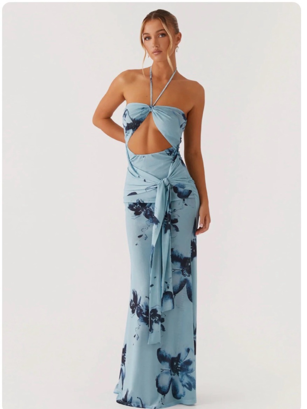 Peppermayo Light Blue Floral Strapless Cutout Maxi Dress